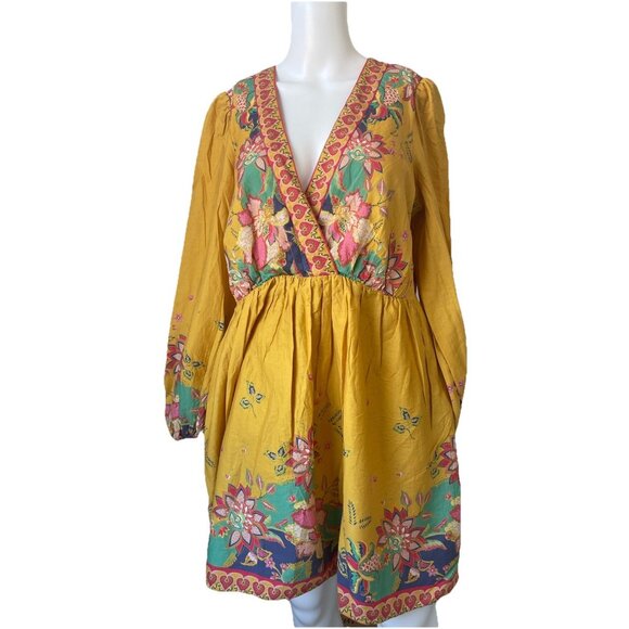 Antonio Melani Emma Boho Floral Long Sleeve Mini Dress Yellow Size 12 V-Neck - Picture 4 of 8